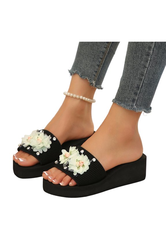 Women's Wedge Slide Sandals Platform Slip On Open Toe 3D Floral Rhinestone Summer Beach Walking Slippers Beige 5.5