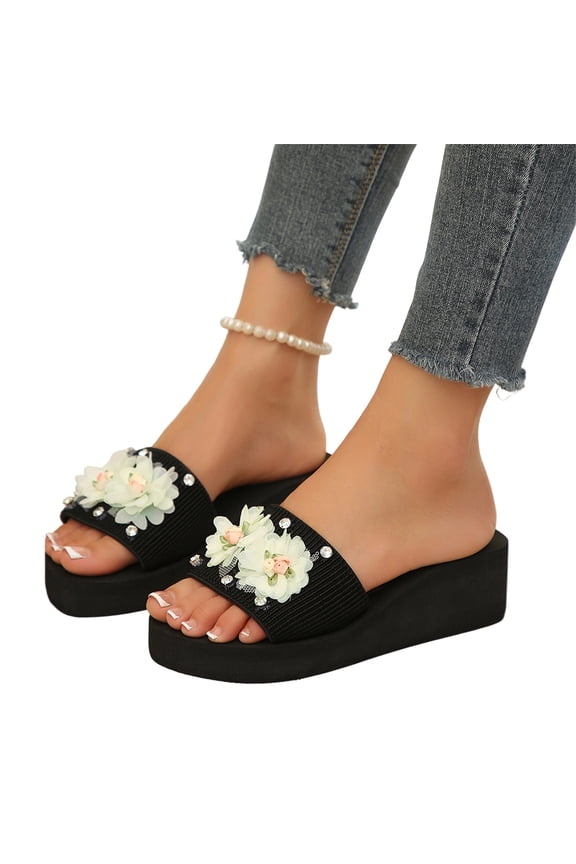Women's Wedge Slide Sandals Platform Slip On Open Toe 3D Floral Rhinestone Summer Beach Walking Slippers Beige 8.5