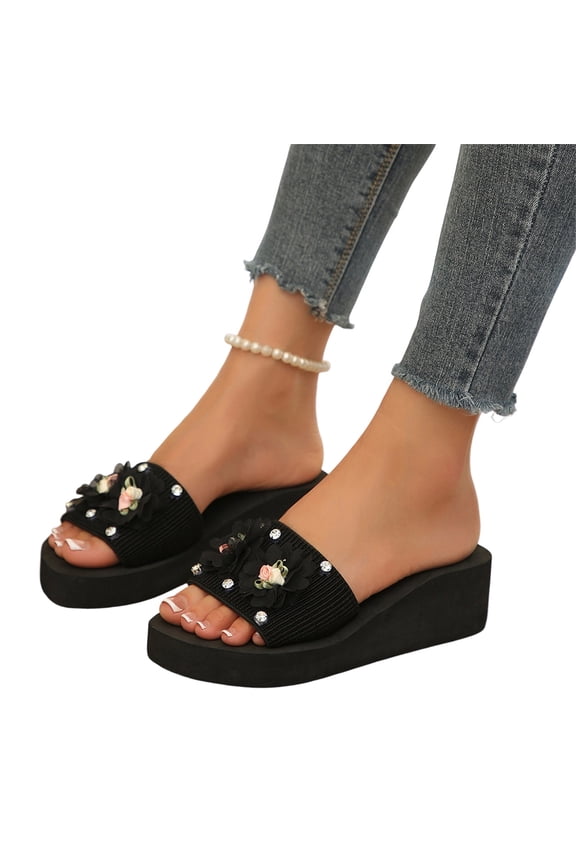 Women's Wedge Slide Sandals Platform Slip On Open Toe 3D Floral Rhinestone Summer Beach Walking Slippers Black 6
