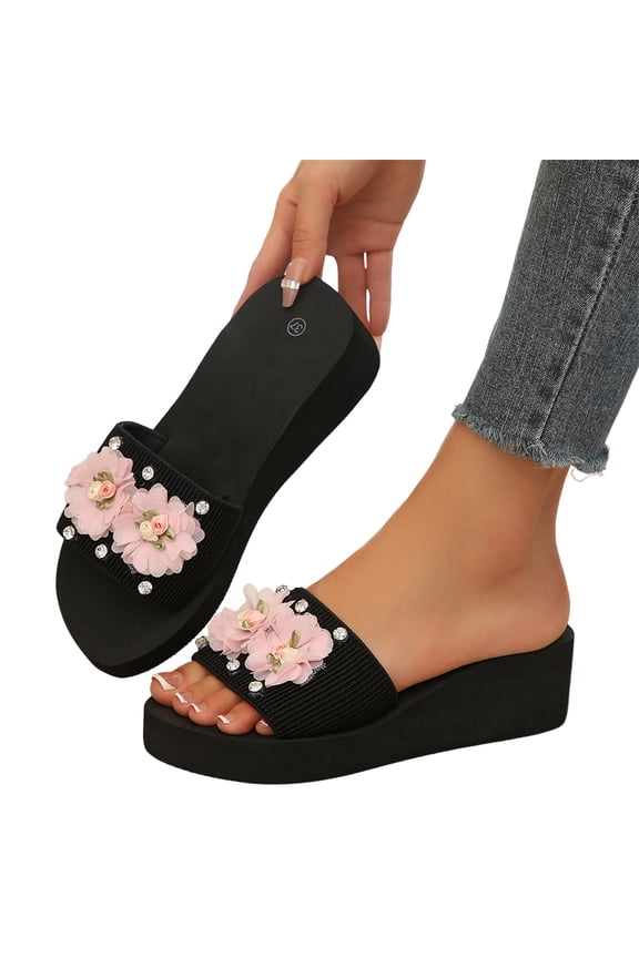 Women's Wedge Slide Sandals Platform Slip On Open Toe 3D Floral Rhinestone Summer Beach Walking Slippers Pink 7