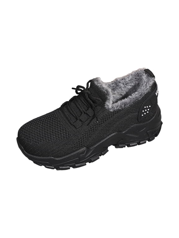 Women's Winter Walking Sneakers Chunky Platform Lace Up Warm Fleece Lined Thermal Knit Hiking Casual Snow Trainers Black 6.5
