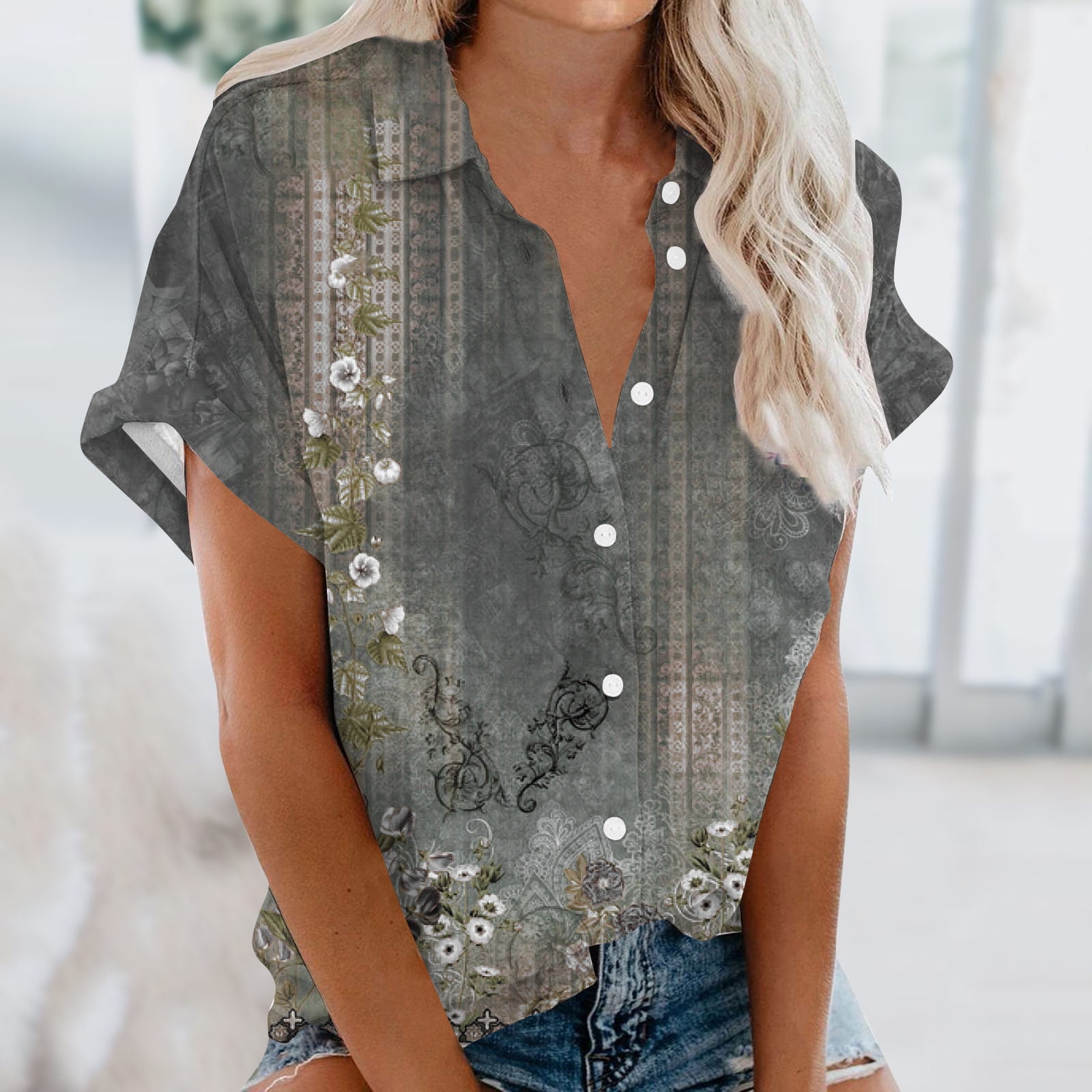 pwidon Womens Button Up Shirt Plus Size Lapel V Neck Dress Shirts for