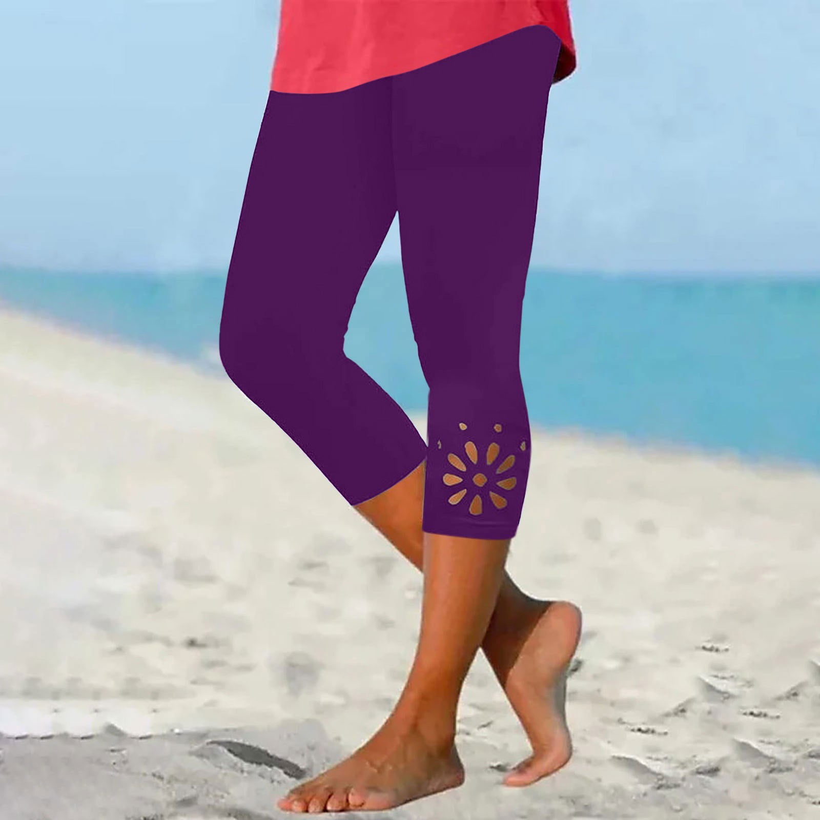 pwidon Womens Capri Leggings Summer High Waisted Cutout Capri Yoga Pants Skinny Knee Length Tummy Control Leggings Elastic Stretch Lightweight Cropped Pants Purple XL Walmart