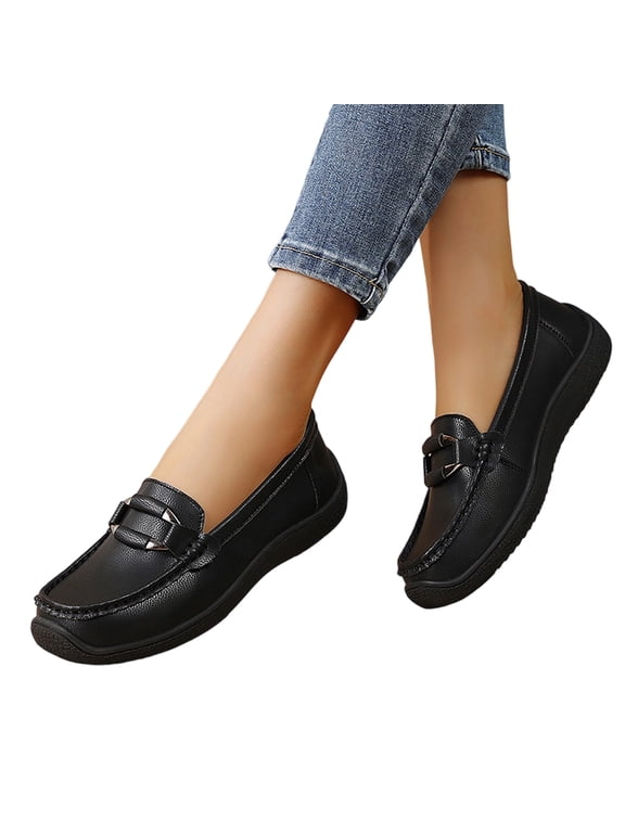 Womens Faux Leather Loafers Horsebit Metal Buckle Wedge Platform Slip On Cushioned Insole Wide Toe Box Non Slip Rubber Outsole Driving Moccasin Casual Walking Shoes Black 39