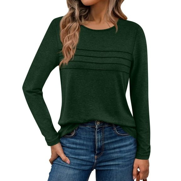pwidon Womens T Shirts Pleated Fall Longsleeve Crew Neck Shirt Basic Color Fashion Tunic Trendy Clothing Dark Green XL