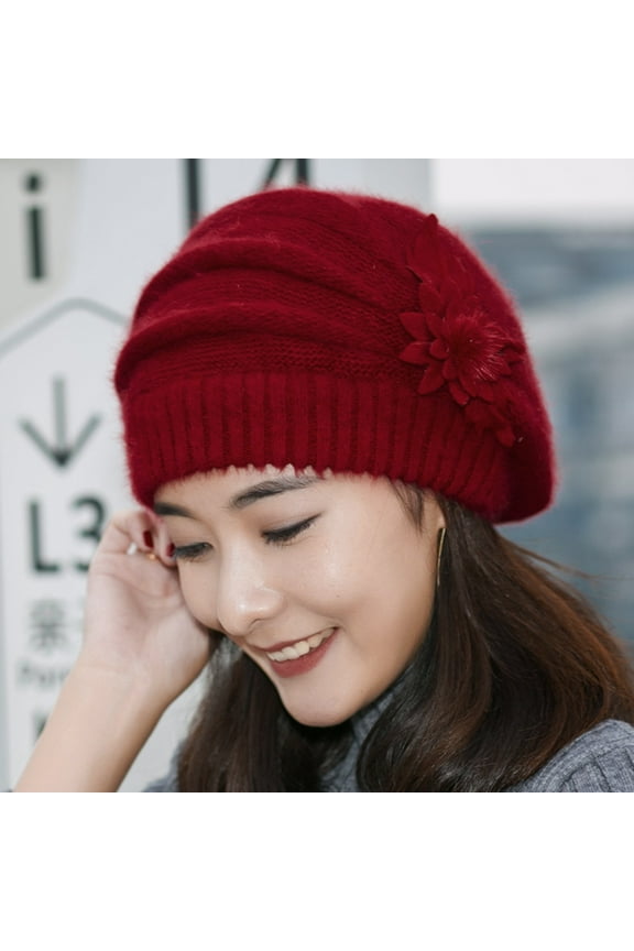 hats for women fashion womens flower knit crochet hat winter warm cap beretberets red + one size