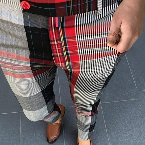 pxiakgy jeans for men men's casual plaid print party suit pants stretch feet pants with pockets men casual pants red + m