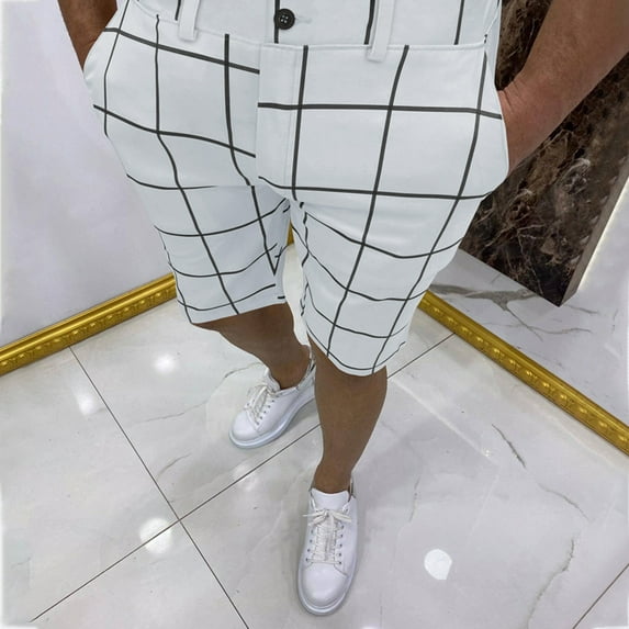 pxiakgy mens shorts male summer casual slim big plaid print shorts zipper fly semi elastic waist pocket shorts men casual shorts white + l
