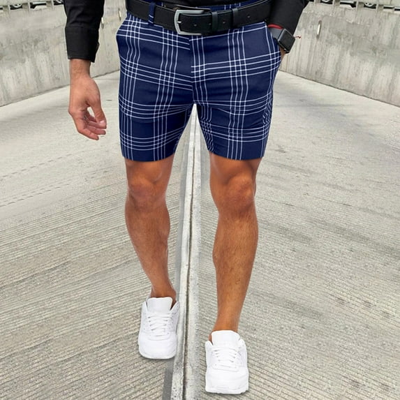 pxiakgy mens shorts male summer casual slim plaid printed shorts zipper fly semi elastic waist pocket shorts men casual shorts navy blue + l