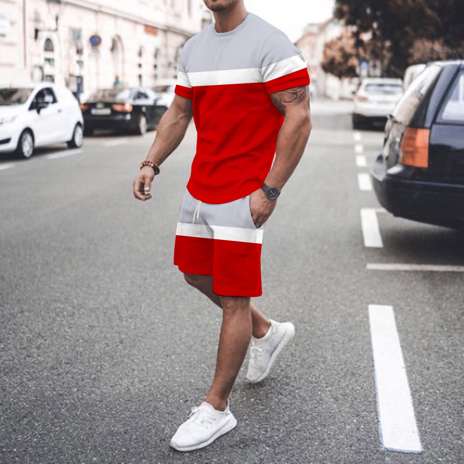 pxiakgy suits for men mens spring summer leisure sports breathable absorbing stitching printed short sleeve shorts two piece set men suits red + xxl