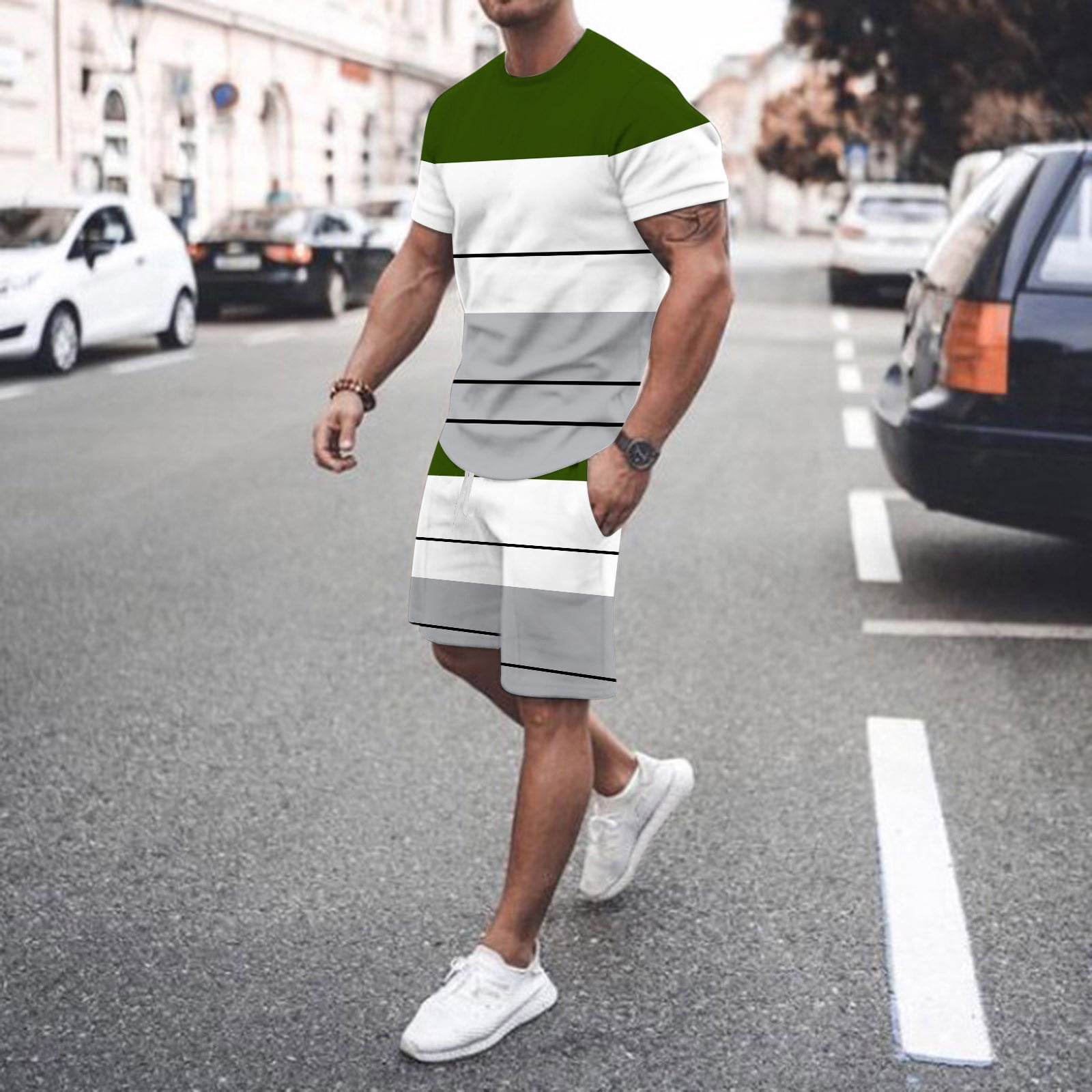 pxiakgy suits for men mens spring summer leisure sports breathable absorbing stitching printed short sleeve shorts two piece set men suits army green + l