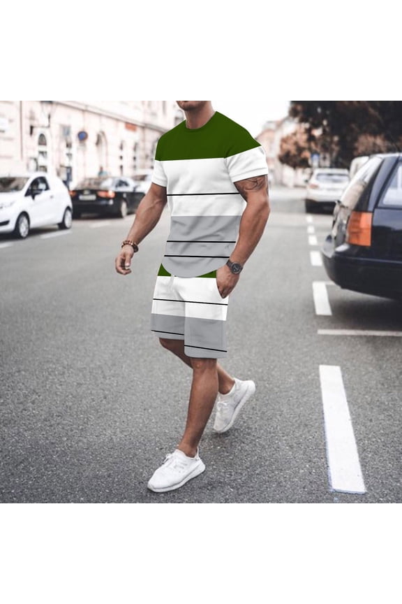 suits for men mens spring summer leisure sports breathable absorbing stitching printed short sleeve shorts two piece set men suits army green + l