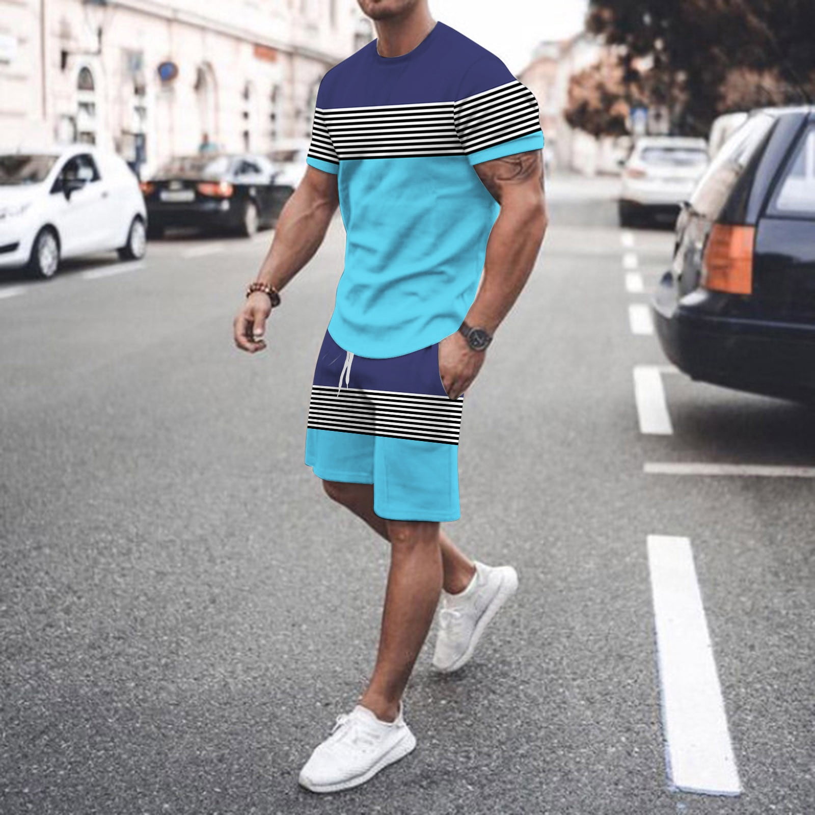 pxiakgy suits for men mens spring summer leisure sports breathable absorbing stitching printed short sleeve shorts two piece set men suits sky blue + xl