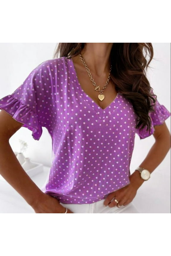 t shirts for women women's summer polka dot daily shirt v-neck petal sleeves casual tops blouse womens t shirts purple + l