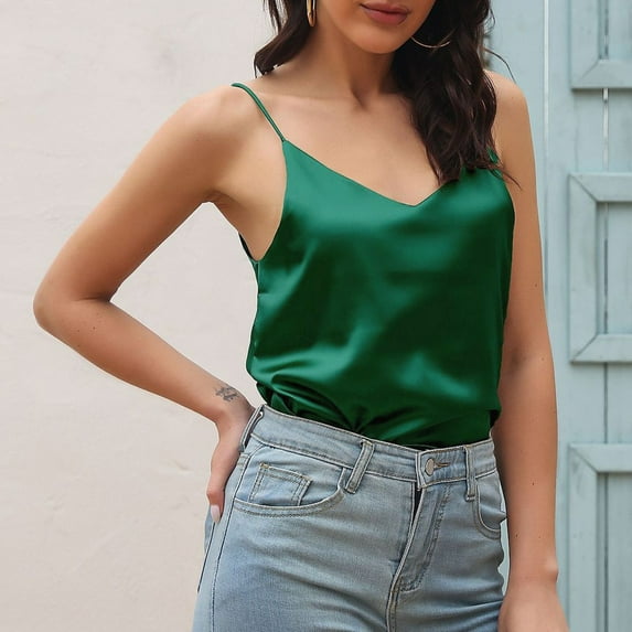 Pxiakgy Women's Silk Satin Camisole Cowl Neck Tank Top Cami Silky Basic Tank Shirt Blouses Womens Spaghetti Strap V Neck Satin Camisole Sleeveless Soft Tank Top Green S