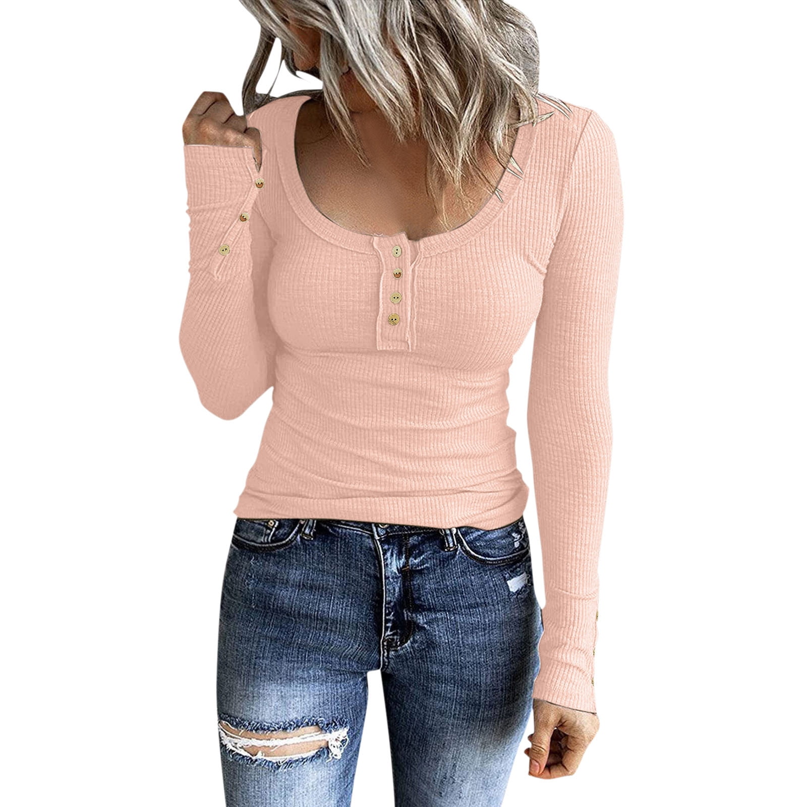 pxiakgy women long sleeve henley t shirts button down slim fit tops scoop  neck ribbed knit shirts pink + s 