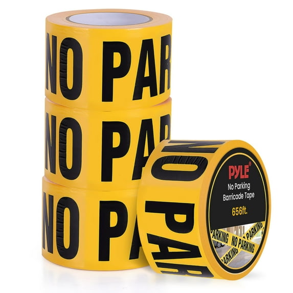 pyle 4 Pieces Safety Yellow No Parking Barricade Tape Set - 656 Foot Long Tape Roll Suitable for a Wide Range of Applications, Including Roadworks, Events, and Hazardous Areas