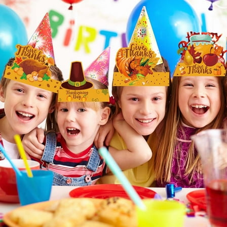 qILAKOG 6 pcs Thanksgiving Themed Paper Hats, Pumpkin and Turkey Birthday Photo Props, 9.8 inch Long Thanksgiving Party Decoration Hats for Children