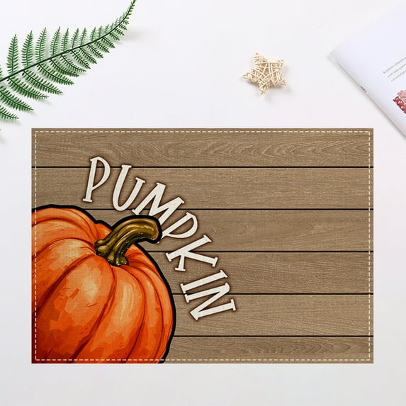 qILAKOG Autumn Themed Placemats, Halloween and Thanksgiving Pumpkin Maple Leaf Kitchen Table Mats, Heat Resistant, Washable and Wiping PVC Placemats, Suitable for Indoor and Outdoor Seasonal Parties