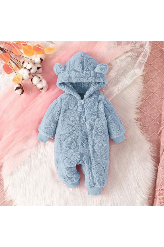 Baby Fluffy Jumpsuit Hooded Fleece Rompers Long Sleeve Zipper Onesie Outwear Baby Boy Girls Winter Warm Rompers Unisex Newborn Fleece Outfits Bodysuits Blue 9-12 Months