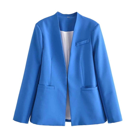 Women's Chic Lapel Collar Solid Color Button Business Work Office Blazer Suit Jacket Long Sleeve Top Suit Coat Blue S