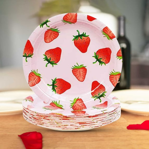 qILAKOG Disposable Tableware, Supplies for Strawberry-Themed Parties or Birthday Gatherings, Special Tableware to Enhance the Party Atmosphere, Suitable for 20 People(10 9-inch Plates)