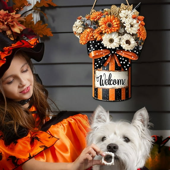 qILAKOG Fall Pumpkin Welcome Door Sign, Wooden Rustic Pumpkin Thanksgiving Decorations Hanging Decor for Front Door, Buffalo Plaid Bow Wall Decor for Autumn Harvest Home Decorations Watercolor