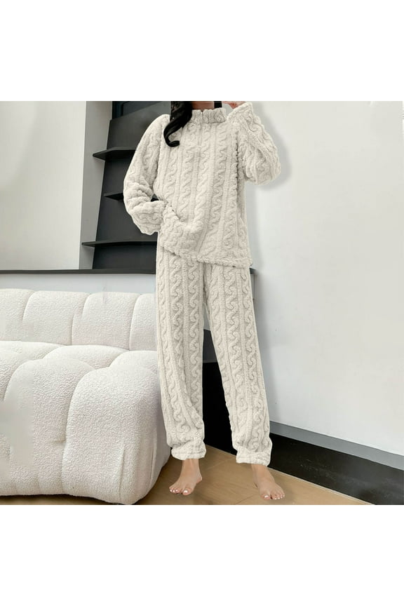 Fluffy Pajamas Set for Women Soft Comfy Fleece Pjs Pullover Pants Loose Plush Sleepwear Fuzzy Loungewear for Winter White Free Size