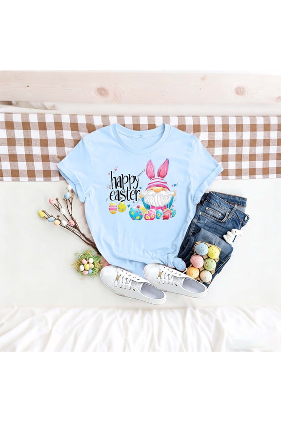 Happy Easter Shirt for Women Christian Sunday Church Tees Summer Casual Loose Easter Funny Bunny Gnome Graphic Print Round Neck Short Sleeve T-shirt Light Blue XXL