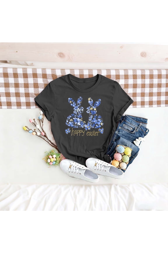 Happy Easter Shirts for Women Loose Casual Easter Funny Floral Rabbit Egg Graphic Soft Comfortable Holiday Shirt Top,Gift Spring Tees Tops Black L
