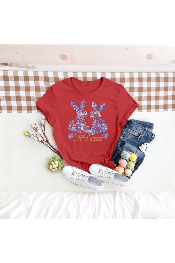 Happy Easter Shirts for Women Loose Casual Easter Funny Floral Rabbit Egg Graphic Soft Comfortable Holiday Shirt Top,Gift Spring Tees Tops Red XL