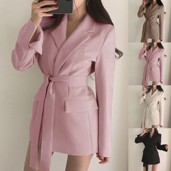 qILAKOG Jackets for Women Fashion Dressy Women Business Casual Blazer Jacket Open Front Long Sleeve Lapel Fashion Work Professional Suit Jacket with Pockets and Belt Womens Blazers