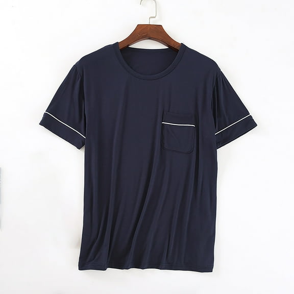 qILAKOG Men Sleep and Lounge Pajamas Tops Long Sleeve Crewneck Lightweight Tee Sleep Shirts Navy XXXL
