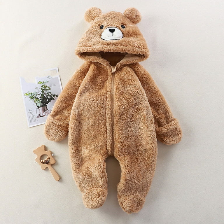 Newborn Baby Bear Onesie Outfit Suit Girls Boys Fleece Jumpsuit Romper Hooded Winter Snowsuit Clothes Khaki 9 Months