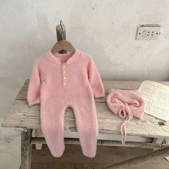 qILAKOG Newborn Baby Boy Girl Fall Outfit Romper Pajamas Long Sleeve Onesie Jumpsuit with Hat Bodysuit Cute Infant Winter Clothes Pink 12 Months