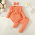 thumbnail image 1 of qILAKOG Newborn Baby Girl Clothes Basic Plain Solid Ribbed Knit Ruffle Long Sleeve Romper Pants Headband 3 Piece Outfits Set Orange 6-9 Months, 1 of 8