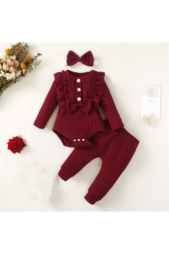 Newborn Baby Girl Clothes Basic Plain Solid Ribbed Knit Ruffle Long Sleeve Romper Pants Headband 3 Piece Outfits Set Wine 6-9 Months