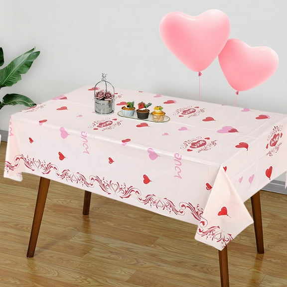 qILAKOG Plastic Tablecloth, 53.93x107.87 inches Valentine Day Heart Shaped Pattern Tablecloth, Romantic Wedding Anniversary Party Decoration Tablecloth