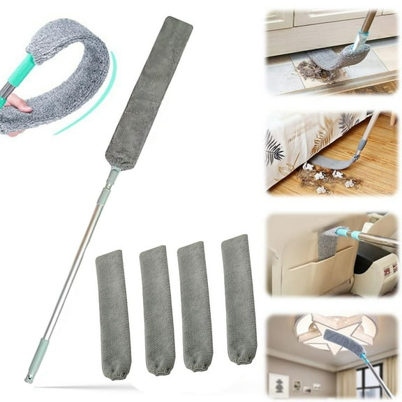 qILAKOG Retractable Dust Duster, Household Kitchen Bed Gap Dust Removal Brush, Cleaning Brush, Retractable Feather Duster, 1 Retractable Duster and 4 Replacement Cloths