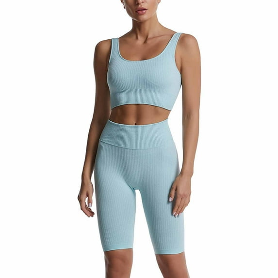 qILAKOG Women's Yoga Outfit Seamless Workout Set High Waist Exercise Shorts Pants with Sport Crop Top Bra 2PCS Gym Tracksuits Women Workout Sets Yoga Outfit, L&Blue