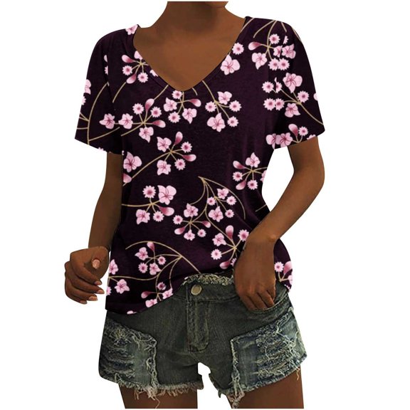 qILAKOG Summer Casual T-Shirts For Women Print Short Sleeves V Neck Loose Fit,Ladies Lounge Pullover Tops Cheap,Female Basic Blouses&Shirts,Tank Tops,Tees Shirts,S