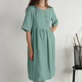 thumbnail image 1 of qILAKOG Summer Dresses 2024 Cotton Linen Button Short Sleeve Crew Neck Working Dress Solid Round Neck Casual Women's Dress Plus Size Mini Dress, Green&L, 1 of 7