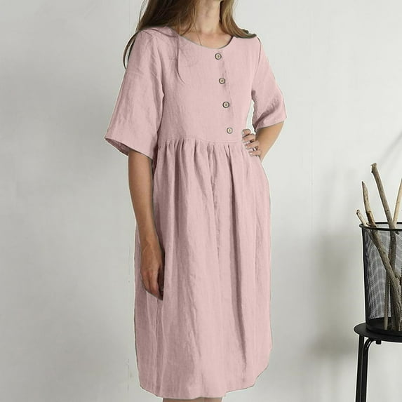 qILAKOG Summer Dresses 2024 Cotton Linen Button Short Sleeve Crew Neck Working Dress Solid Round Neck Casual Women's Dress Plus Size Mini Dress, Pink&XXXXXL