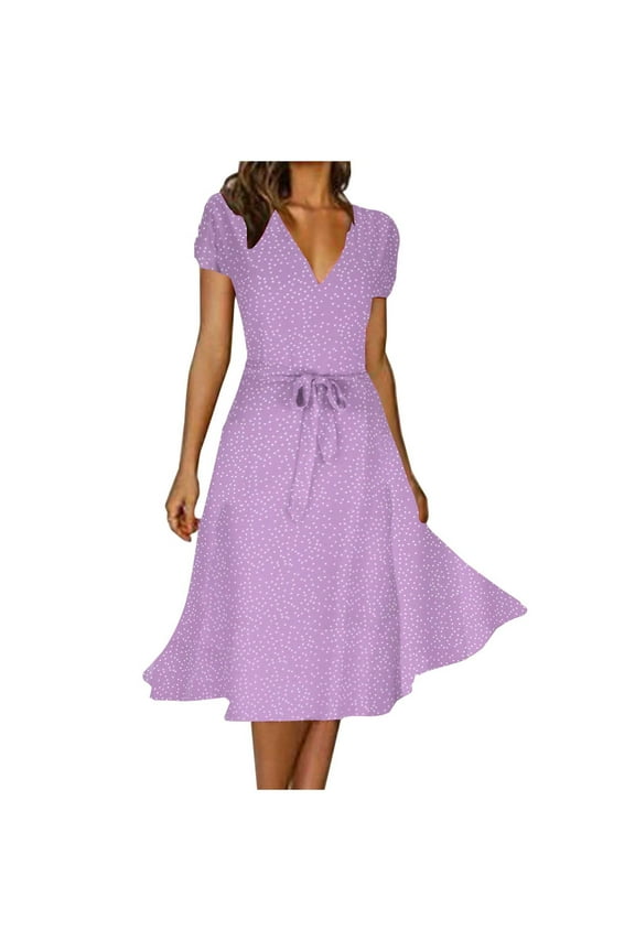 Summer Fashion Women Dress V-Neck Polka Dot Floral Print Short Sleeve Tunic Chiffon Dresses Casual Maxi Boho Skirts