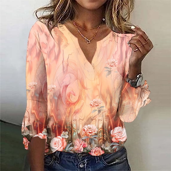 qILAKOG Summer T Shirts for Women 2024 Print V-Neck 3/4 Sleeve Shirts Floral Tees Athletic Tunic Women's Business Casual Tops Ladies Blouses Tops for Women Short Sleeve Blouse, Orange&XXL