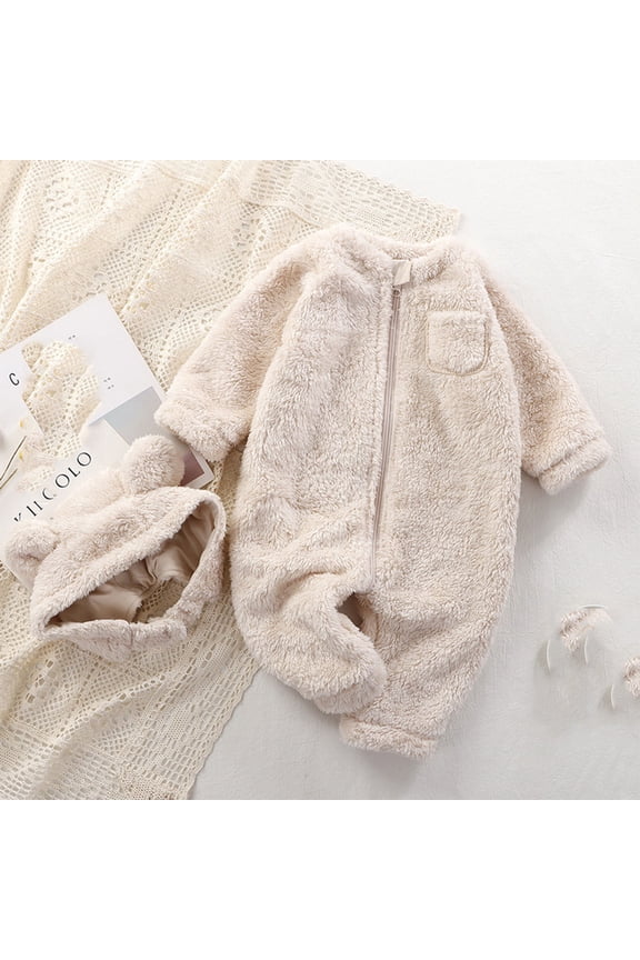 Toddler Baby Girls Boys Fleece Romper Long Sleeve Solid Color Warm Plush Onesie Round Neck Jumpsuit Beige 18-24 Months