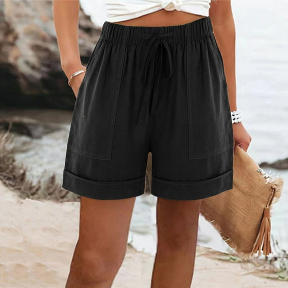 qILAKOG Women Casual Summer High Waist Stretchy Denim Cotton Linen Shorts Junior Short Women Comfy Drawstring Casual Elastic Waist Pure Color Shorts Summer Beach Lightweight Short Pants with Pockets