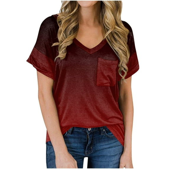 qILAKOG Women Casual Top Blouse Print Short Sleeves V Neck Loose Fit Pocket,Ladies Lounge T-Shirts Cheap Trendy,Female Basic Blouses & Shirts,Tank Tops,Tees Shirts,M