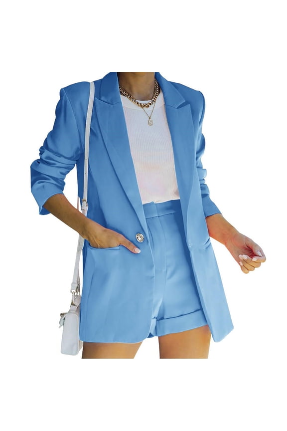 Women's 2 Piece Blazer Sets Solid Long Sleeve Blazer and Pants Business Office Suit Set Casual Blazer Work Jackets Ladies Turndown Collar Blazer Coat Outerwear, Blue&XXXL