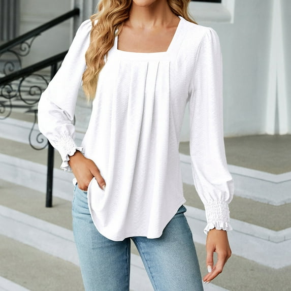 qILAKOG Women's Casual Tops Womens Square Neck Long Sleeve Pleated Hem Ladies Fall Pullovers Blouses Shirt Top Women Autumn Long-Sleeve T-Shirt, White&L